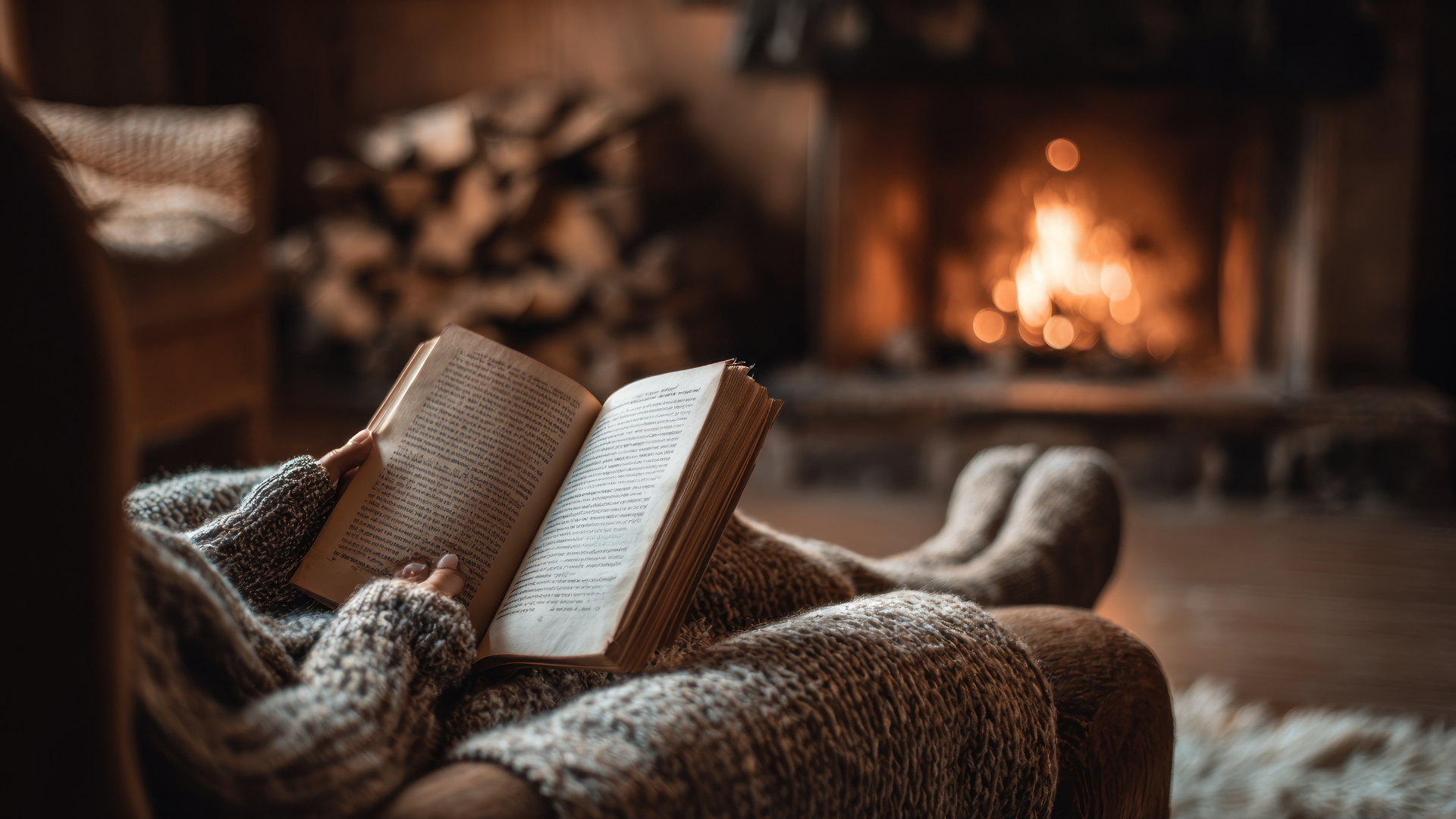 A person reading a book in front of a fireplace while recovering from cosmetic surgery in the winter