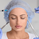 A person with her eyes dotted and closed while hands with gloves hold surgical tools around the face.