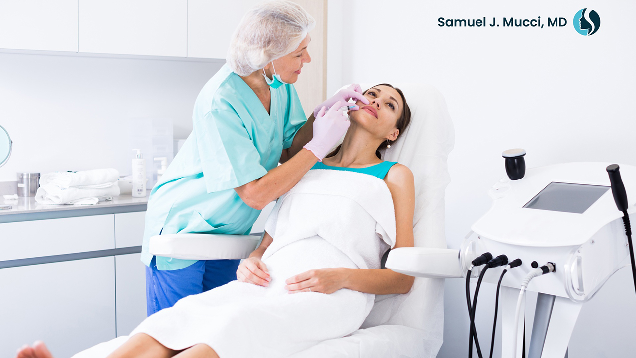 Cosmetic facial injectable treatment using Botox and dermal fillers to enhance lips and reduce facial lines